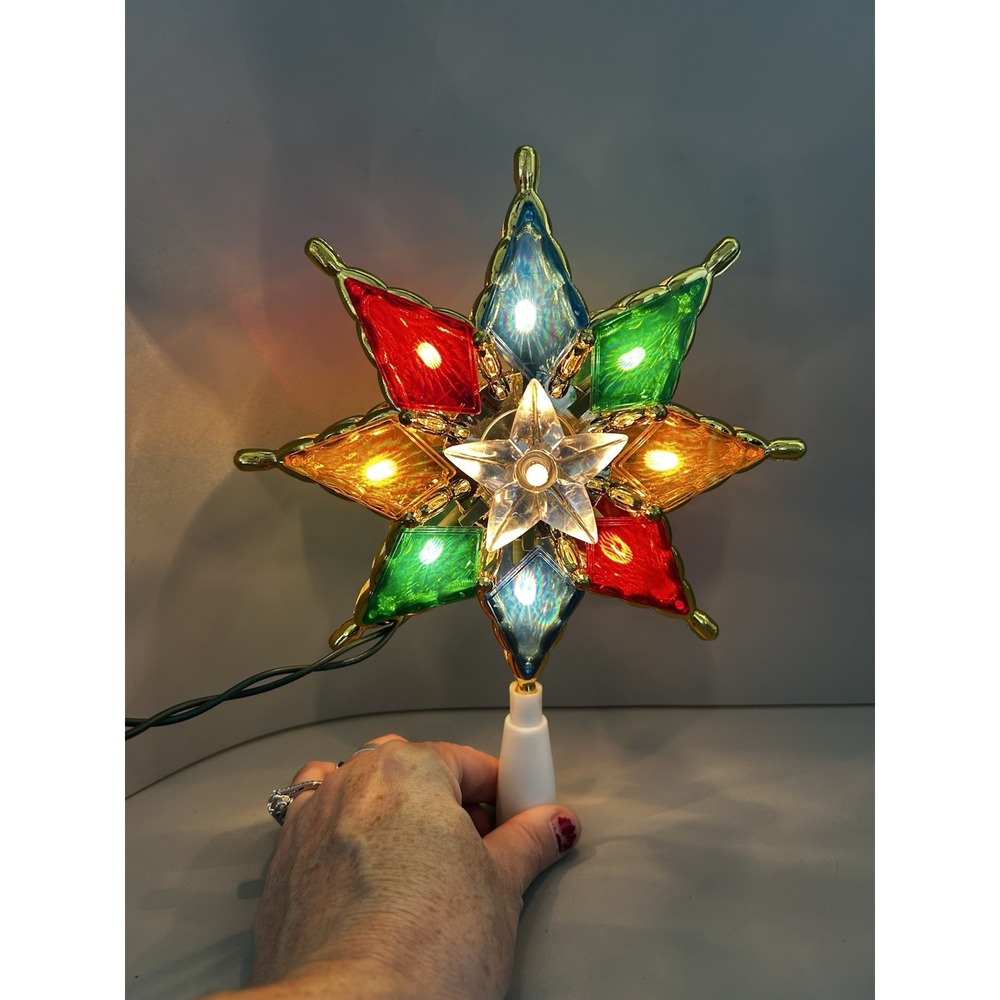 Christmas Vintage Light Up 8 Point Star Tree Topper Retro Rainbow & Gold
